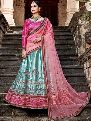 Sky-Blue Pure Satin Lehenga Choli with Resham, Zari, Pearl Embroidery Work and Soft Net Dupatta