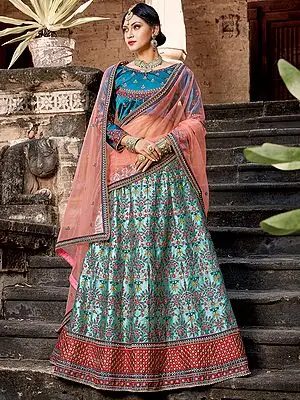 Crystal-Blue Pure Satin Lehenga Choli with Heavy Resham Work and Soft Net Dupatta