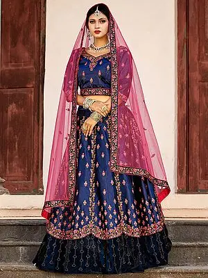 Navy-Blue Pure Satin Lehenga Choli with Thread, Swarovski Work and Soft Net Dupatta