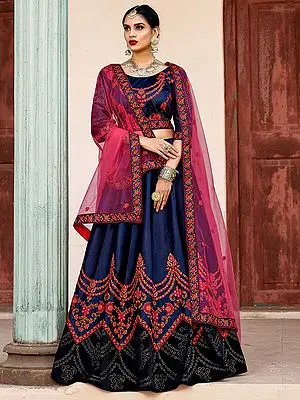 Beacon-Blue Pure Satin Lehenga Choli with Thread-Swarovski Embroidery and Soft Net Dupatta