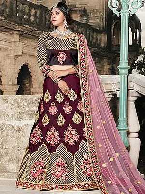 Wine Pure Tafetta Lehenga Choli with Dori, Thread, Sequins Work, And Soft Net Dupatta