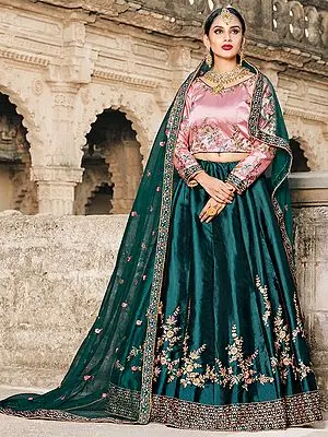 Green Pure Satin Lehenga Choli With Resham-Pearl Work And Soft Net Dupatta