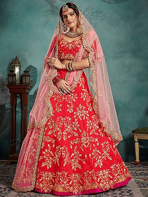 Red Pure Tafetta Lehenga Choli With Thread-Sequins Embroidery And Pink Soft Net Dupatta