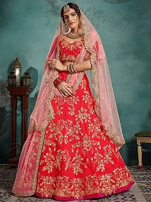 Red Pure Tafetta Lehenga Choli with Thread-Sequins Embroidery and Pink Soft Net Dupatta