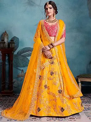 Yellow Art Silk Lehenga Choli with Zari-Sequins Work and Soft Net Dupatta