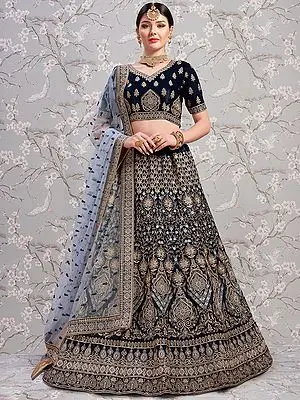 Navy-Blue Satin Lehenga Choli With Heavy Embellishment And Soft Net Dupatta