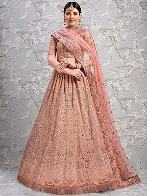 Rose-Taupe Georgette Lehenga Choli with Thread Embroidered Bel Butta and Soft Net Dupatta