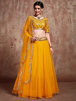 Yellow Lehenga Choli with Heavy Sequins Work on Choli and Dupatta