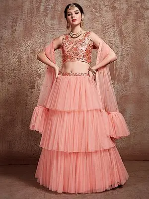 Coral-Peach Net Ruffle Lehenga with Heavy Zari Embroidered Choli and Dupatta