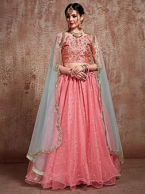 Pink Soft Net Lehenga with Sequins Butis and All over Zari Resham Work on Choli with Scalloped Dupatta