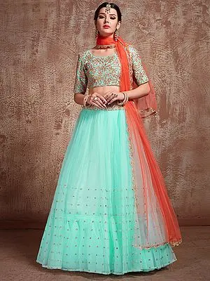 Sea-green Lehenga Choli Embellished with Sequins, Zari Embroidered, and Tomato-Red Dupatta