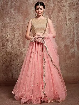 Coral-Rose Lehenga with All over Sequins Butis and Golden Shimmer Choli
