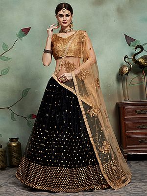 Black and Golden Lehenga Choli with Embellished Sequins Work and on Sheer Dupatta