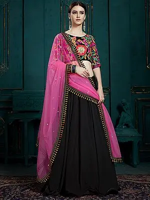 Black Soft Net Lehenga with Embellished threadwork on Choli and Sheer Dupatta