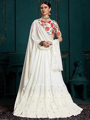 Star-White Georgette Lehenga with Beautiful Orange Flower on Choli and Designer Dupatta