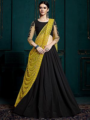 Jet-Black Georgette Lehenga Choli with Thread Embroidery on Sleeves and Golden-Yellow Dupatta