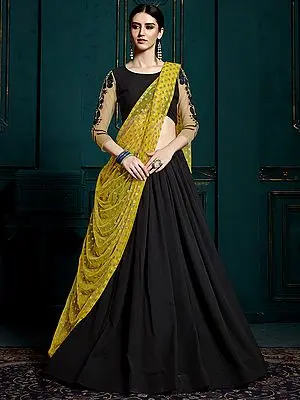 Jet-black Georgette Lehenga Choli with Thread Embroidery on Sleeves and Golden-Yellow Dupatta