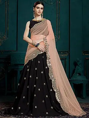 Caviar-Black Georgette Lehenga Choli with All Mirror Work on Lehenga and Scalloped Dupatta