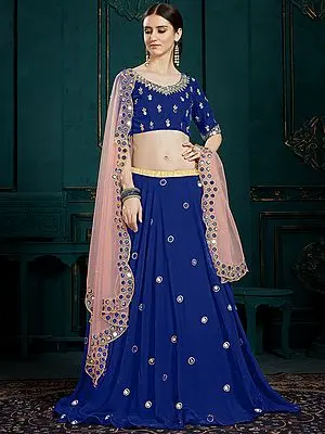 Royal-Blue Georgette Embellished Mirror Work on Lehenga and Choli with Pink Soft Net Dupatta