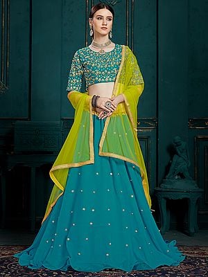 Teal-Green Lehenga Choli with All over Golden Sequins Work and Neon Color Dupatta