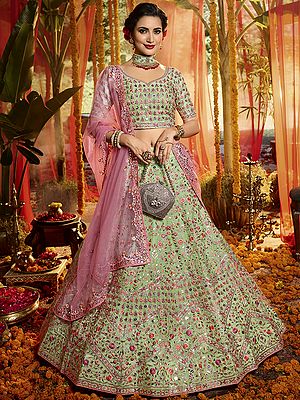 Pista-Green Pure Organza Embellished Designer Lehenga Choli with Pink Dupatta