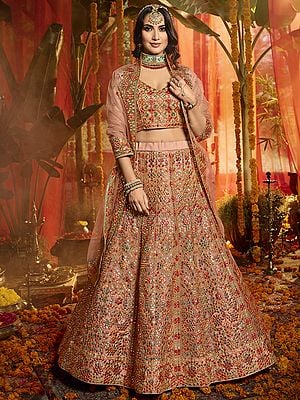 Coral-Peach Organza Lehenga Choli with All over Embroidery and Scalloped Dupatta