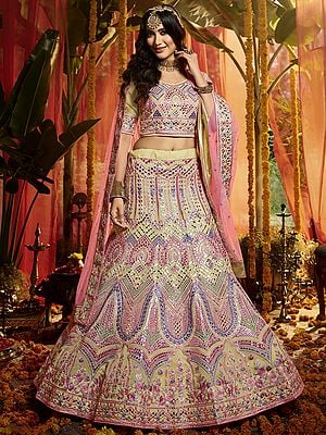 Beige Organza Lehenga Choli with All over Embroidered Mirror Work with Designer Dupatta
