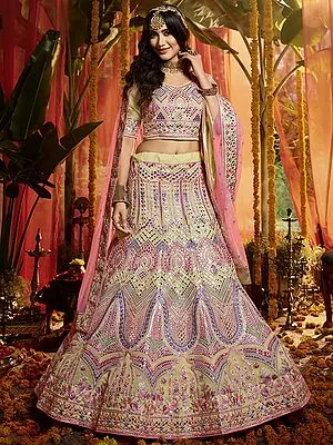 Beige Organza Lehenga Choli with over Embroidered Mirror Work with Designer Dupatta