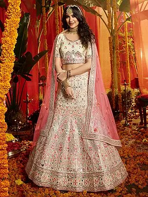 Off-White Designer Lehenga Choli with Neon Color Dupatta