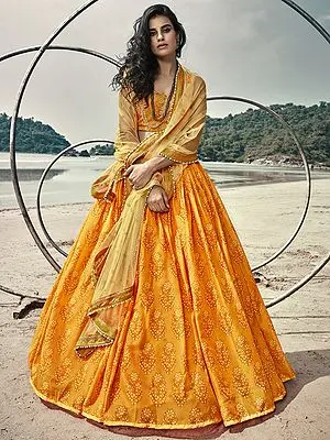 Mustard-Yellow Printed Lehenga Choli with Designer Dupatta
