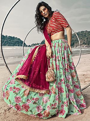 Sea-Green Printed Lehenga with All over Sequins Embroidery Red Choli with Scalloped Dupatta