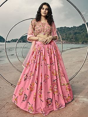 Hot-Pink Printed Lehenga Choli with Golden Sequins Embroidery on Choli with Designer Dupatta