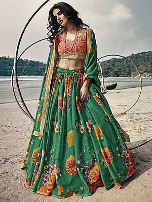Bright-Green Printed Lehenga with All over Embroidered Orange Choli with Printed Dupatta