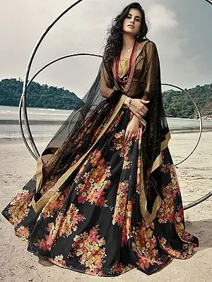 Phantom-Black Printed Lehenga with Golden Choli and Floral Dupatta