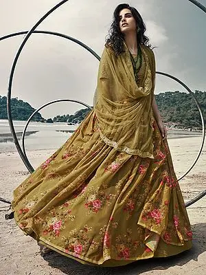Olive Floral Print Lehenga with Embellished Choli with Sheer Designer Dupatta