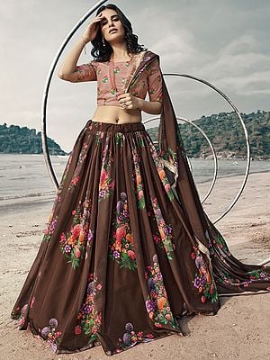 Walnut Floral Print Lehenga with Coral Embroidered Choli with Printed Dupatta