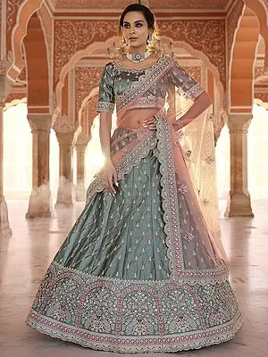 Grey Satin Lehenga Choli with Dori Thread Zarkan Embroidery with Scalloped Dupatta