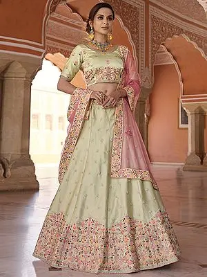 Pista-Green Lehenga Choli with Pink Flower Dori Thread Embroidery with Sheer Designer Dupatta