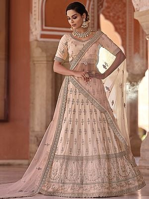 Peach Lehenga Choli with All over Sliver Thread Embroidery with Scalloped Dupatta