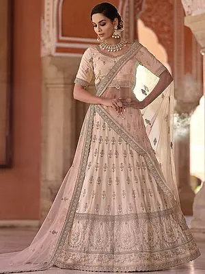 Peach Lehenga Choli with over Silver Thread Embroidery with Scalloped Dupatta