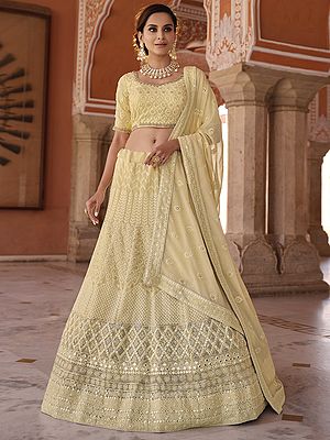 Pale-Yellow Georgette Lehenga Choli with all over paisley Embroidery and Designer Dupatta