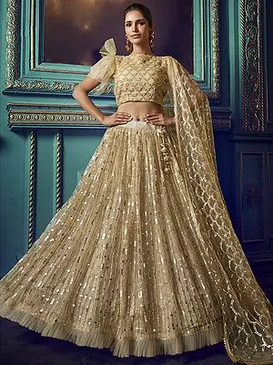 Dusky-Beige Soft Net Sequins Embellished Lehenga with Latkan and Ruffle Sleeves Choli