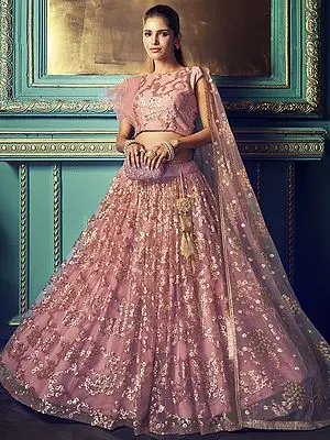 Purple Soft Net Sequins-Thread Work Lehenga with Latkan and One Shoulder Ruffled Crop Choli
