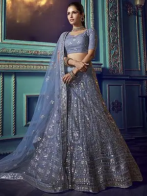 Grey Soft Net Designer Lehenga Choli with Sequins-Dori Embroidery and Dupatta