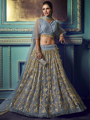 Grey Soft Net Floral Vine Sequined Lehenga with Bell Sleeves Choli