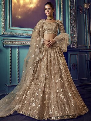 Beige Soft Net Laddi Floral Sequins Work Lehenga and Mid Length Sleeves Choli with Ruffled Design