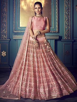 Pink Soft Net Lehenga Choli with Beautiful Sequins-Thread Work and Dupatta