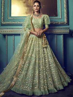 Green Soft Net Sequins Work Lehenga With Puff Sleeve Designer Choli & Dupatta