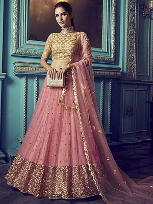 Pink Soft Net Sequins Work Lehenga with Golden Choli and Scalloped Dupatta