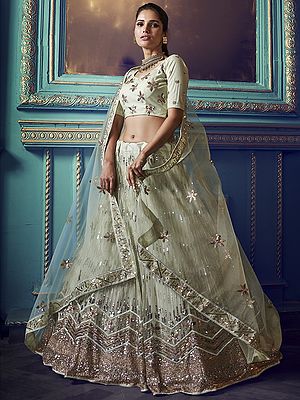 Green Soft Net Lehenga Choli with All Over Sequins-Thread Work and Dupatta